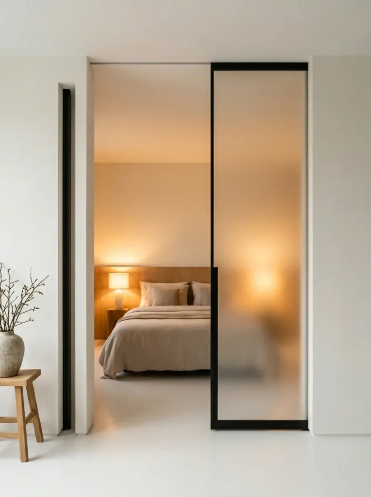 Frosted glass sliding panel separates a bedroom from a bright living area