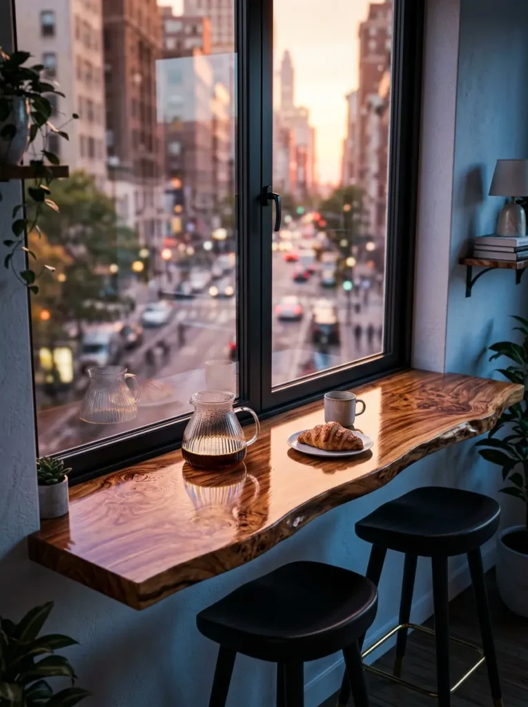 Thick polished live edge wood slab extending from a window sill with two black bar stools.