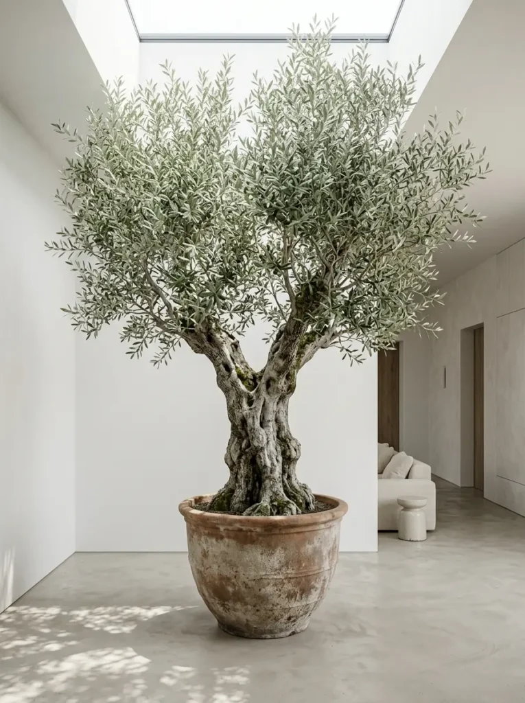 Oversized Indoor Tree Large indoor olive tree in a rustic clay pot standing in a bright minimalist room.