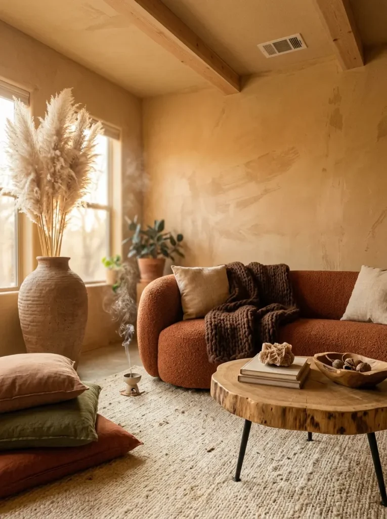 Curved orange boucle sofa with raw wood slice coffee table and large clay pot holding pampas grass
