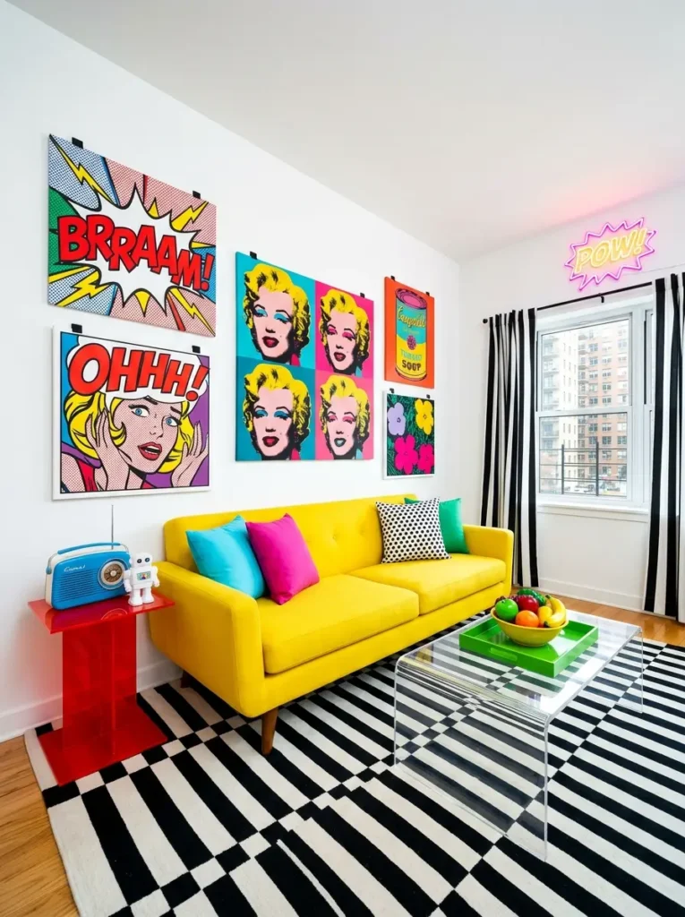 Bright yellow couch under colorful comic style pop art canvas prints on white wall with striped black and white rug