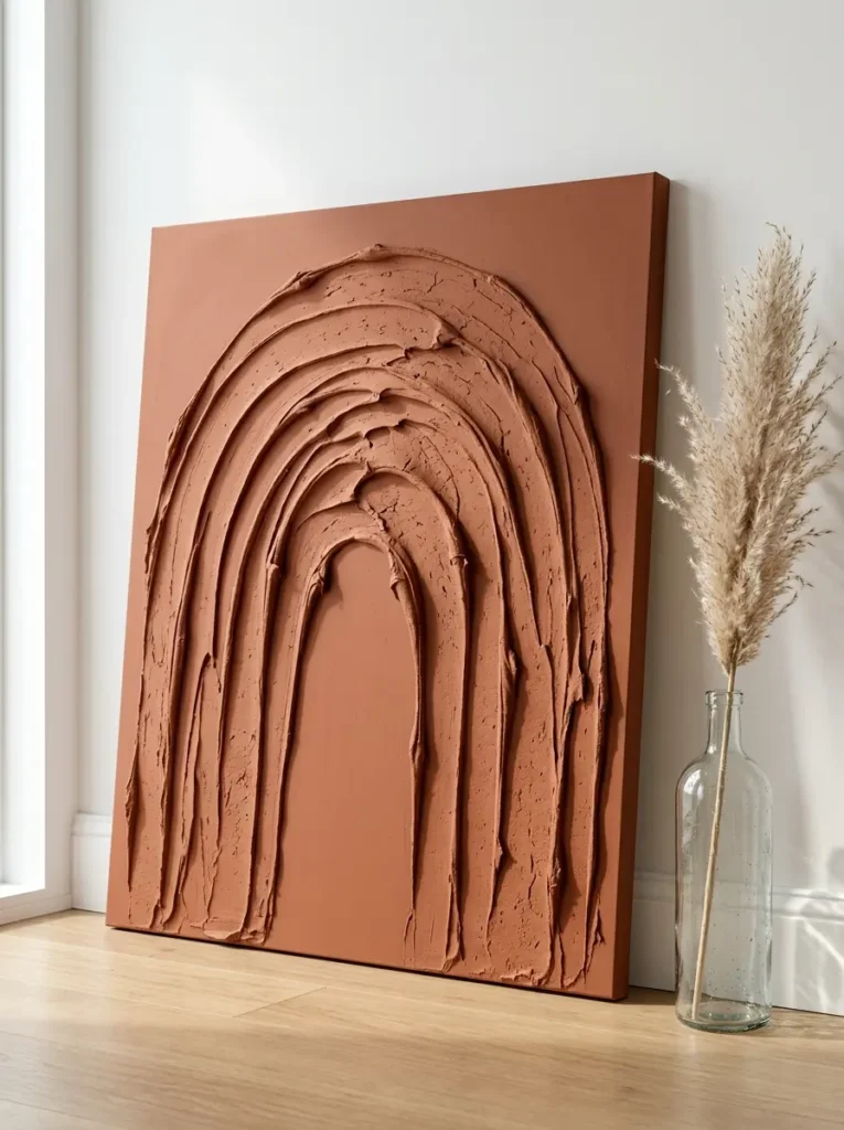 Oversized canvas art with a 3D arched texture made from drywall mud and terracotta paint