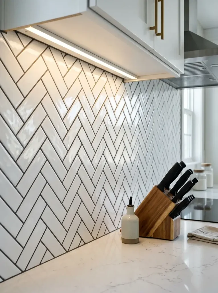 Herringbone Peel And Stick Backsplash Kitchen backsplash featuring white peel and stick subway tiles arranged in a herringbone pattern.