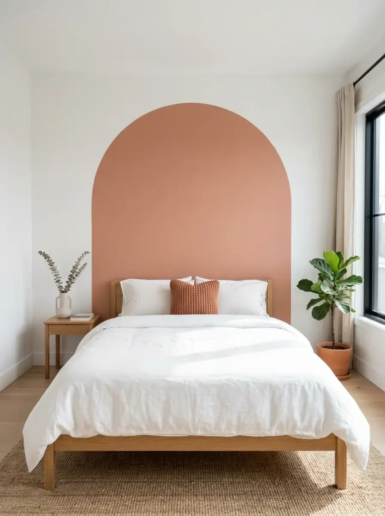 Painted Arch Faux Headboard | StylishGalore Terracotta colored painted arch on a white wall behind a simple wooden bed frame