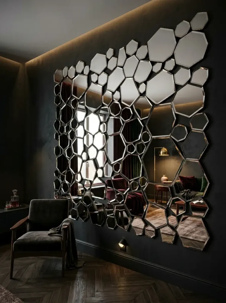 Asymmetrical Mirror Wall Design Abstract wall installation made of interlocking hexagonal mirrors reflecting light into a dark room.