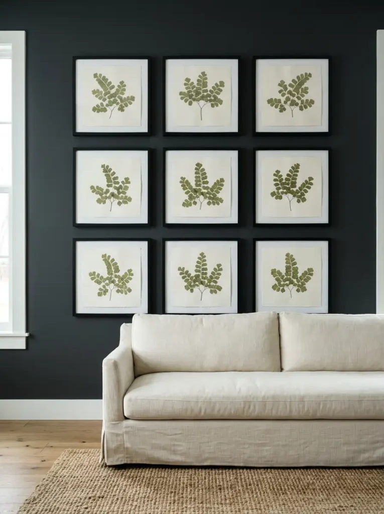 Symmetrical Pressed Botanical Fern Grid Nine black frames containing pressed green fern leaves arranged in a strict grid on a dark charcoal wall
