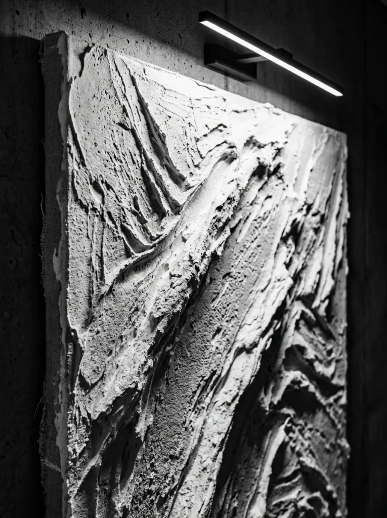 Large unframed canvas covered in thick deeply textured white plaster illuminated by a black picture light.