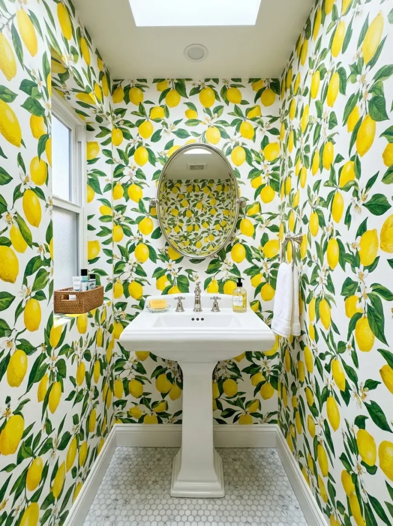 Vibrant lemon print wallpaper in a small white bathroom.