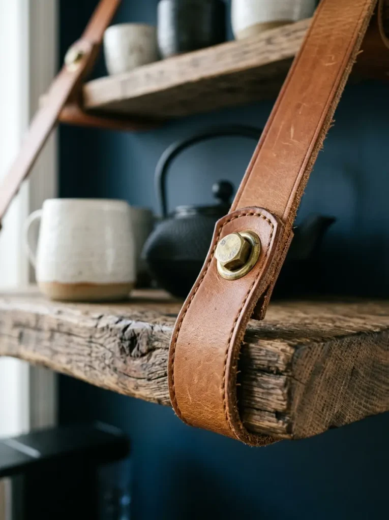 Rustic wooden shelf hung on a blue wall using thick brown leather straps
