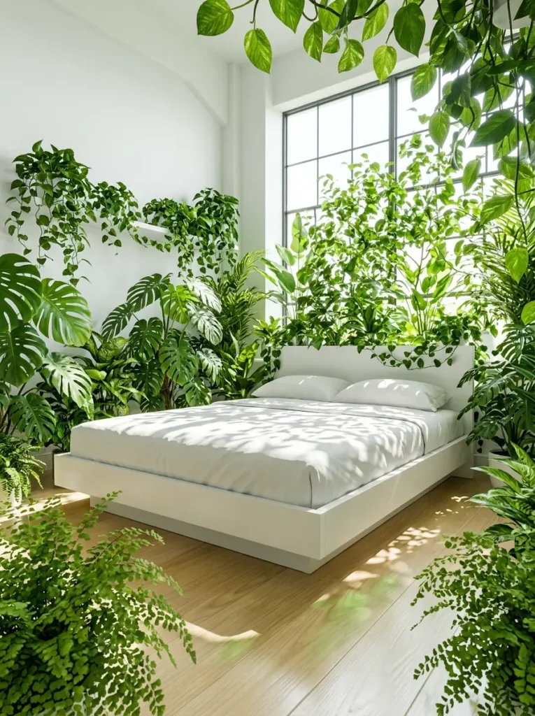 Minimalist white platform bed completely surrounded by dense green indoor foliage near large factory windows casting leaf shadows
