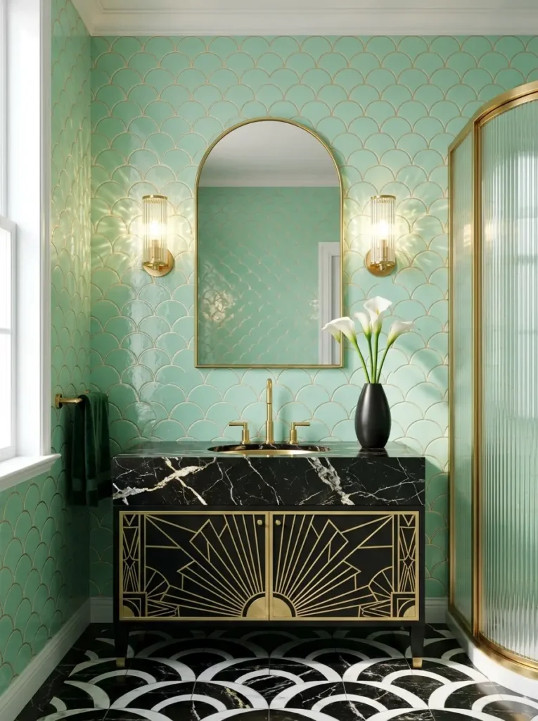 Scalloped mint green wall tiles with a black marble vanity and gold fixtures.