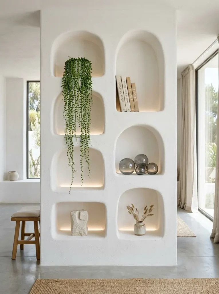 Plaster wall featuring multiple arched display niches with books and pottery.