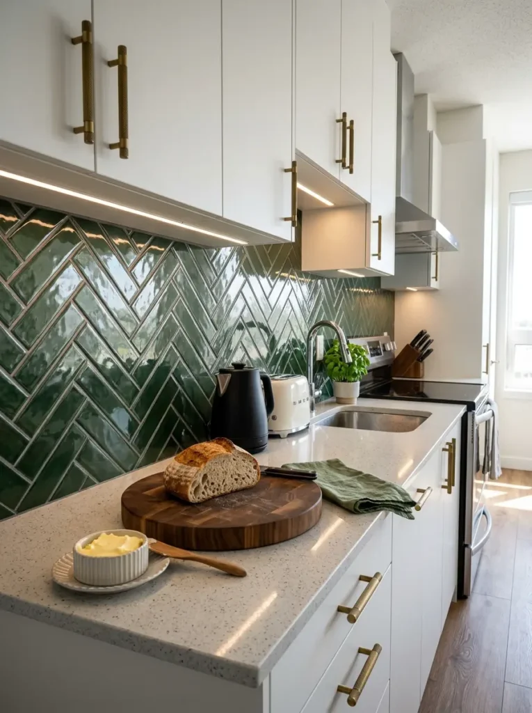 Glossy green vinyl subway tiles arranged in a herringbone pattern behind a kitchen counter
