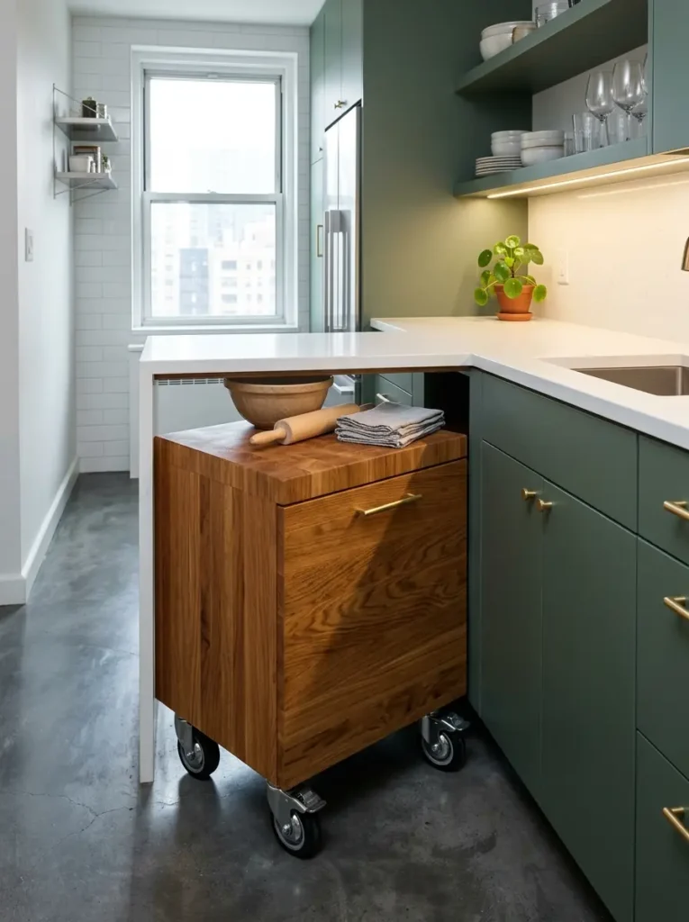 Solid butcher block cart on caster wheels sliding underneath a white kitchen counter extension.