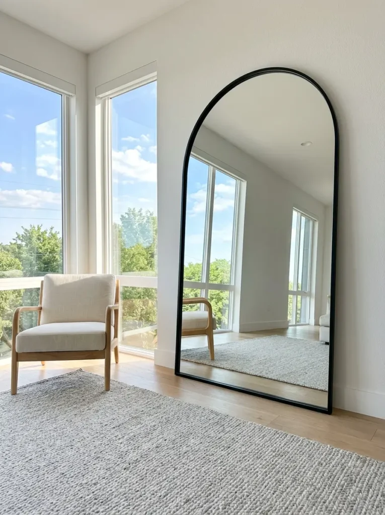 Large arched mirror leans against a wall reflecting the bright room