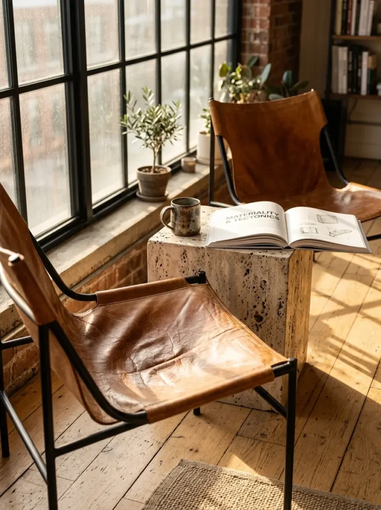 Solid Stone Block Table Square porous travertine stone block table placed between two brown leather sling chairs.