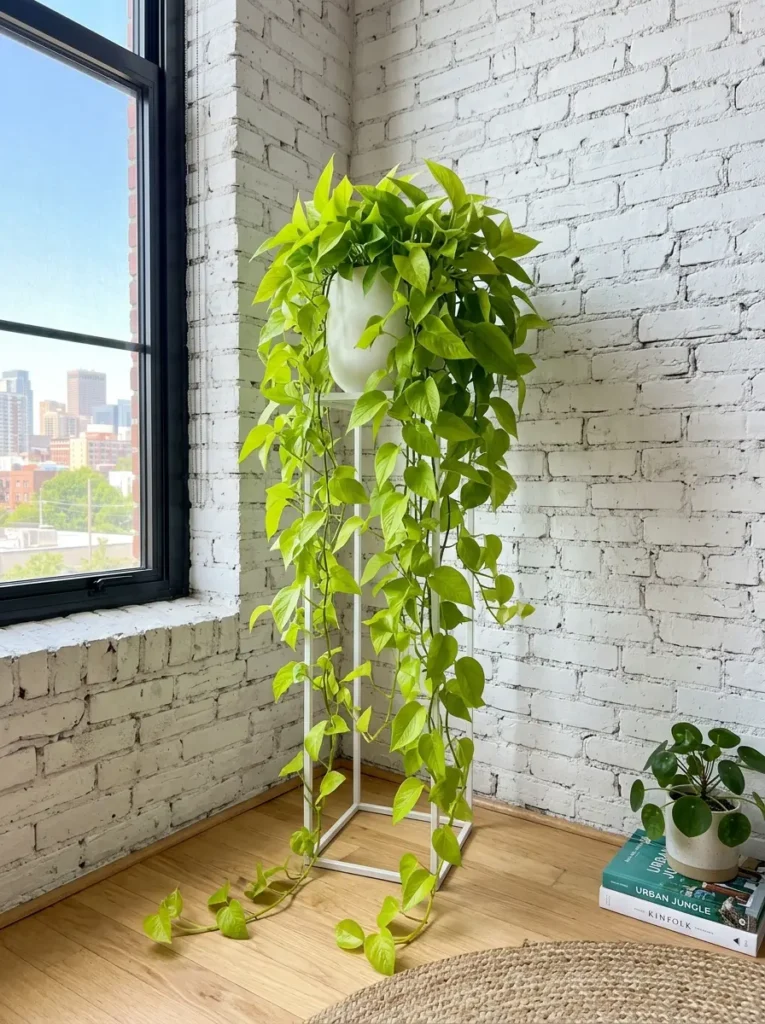 Neon pothos plant on a tall white metal plant stand.