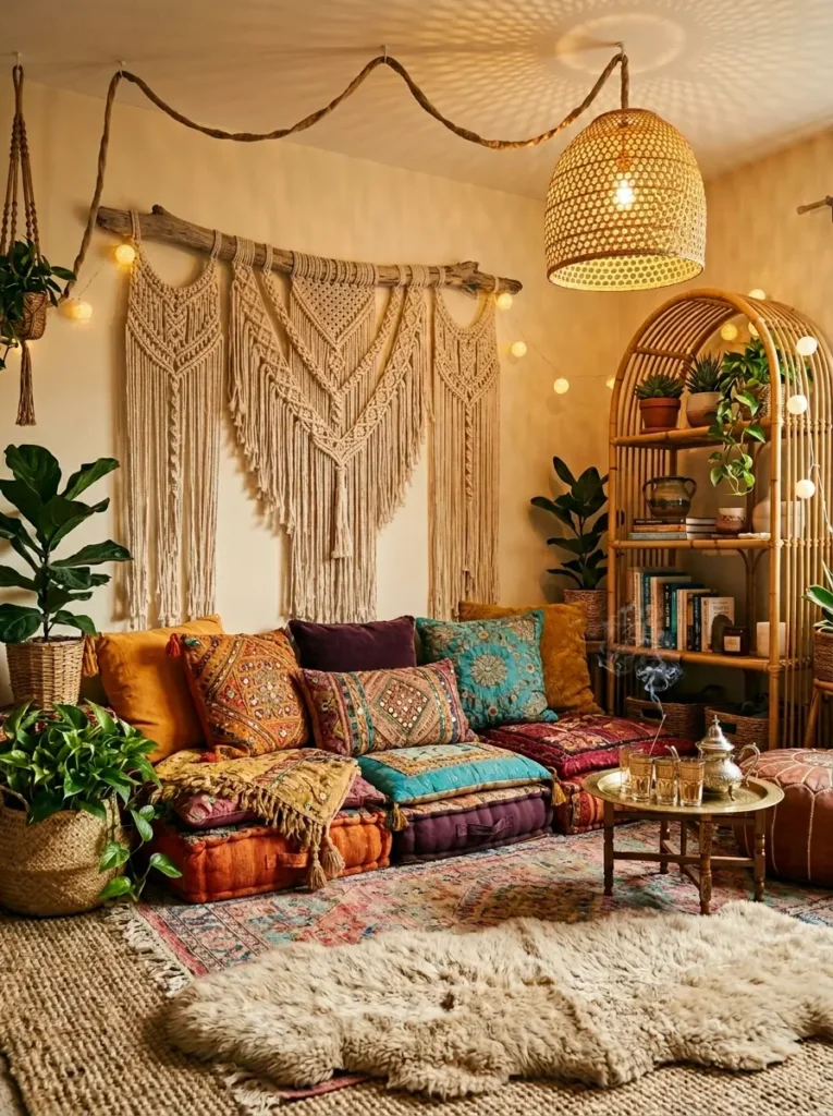Colorful stacked floor cushions forming low seating arrangement under large woven macrame wall hanging in boho apartment living room