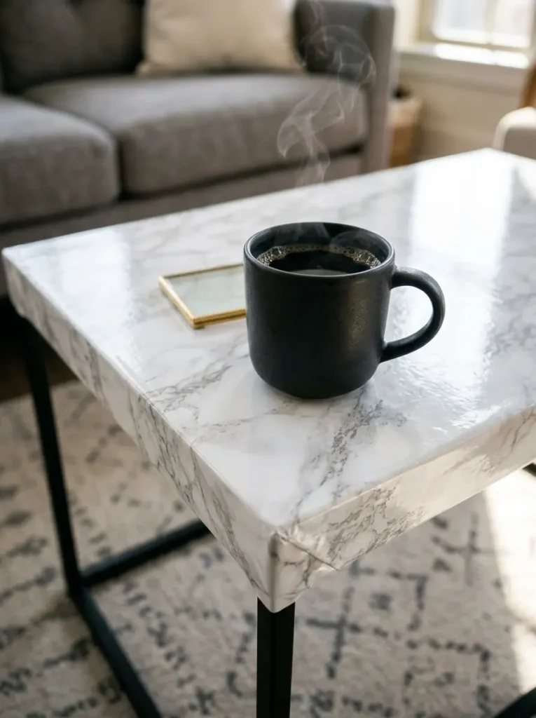 Coffee table wrapped in white marble contact paper with a hot cup of coffee