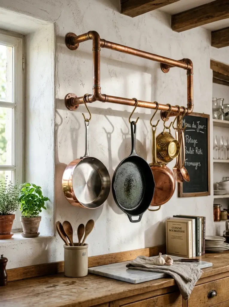 Copper Pipe Hanging Kitchen Pot Rack Copper pipe wall rack holding cast iron skillets and shiny metal pans inside a kitchen.