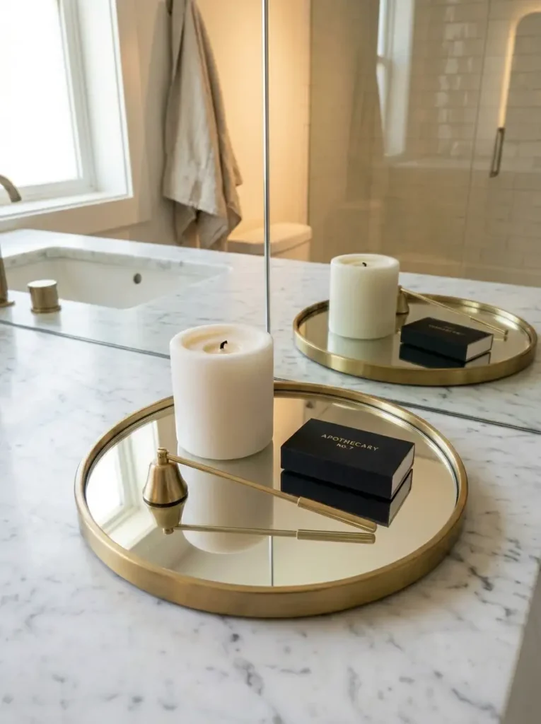 Mirrored Vanity Tray Display | StylishGalore Mirrored vanity tray with brass rim holding a white pillar candle and black matchbox