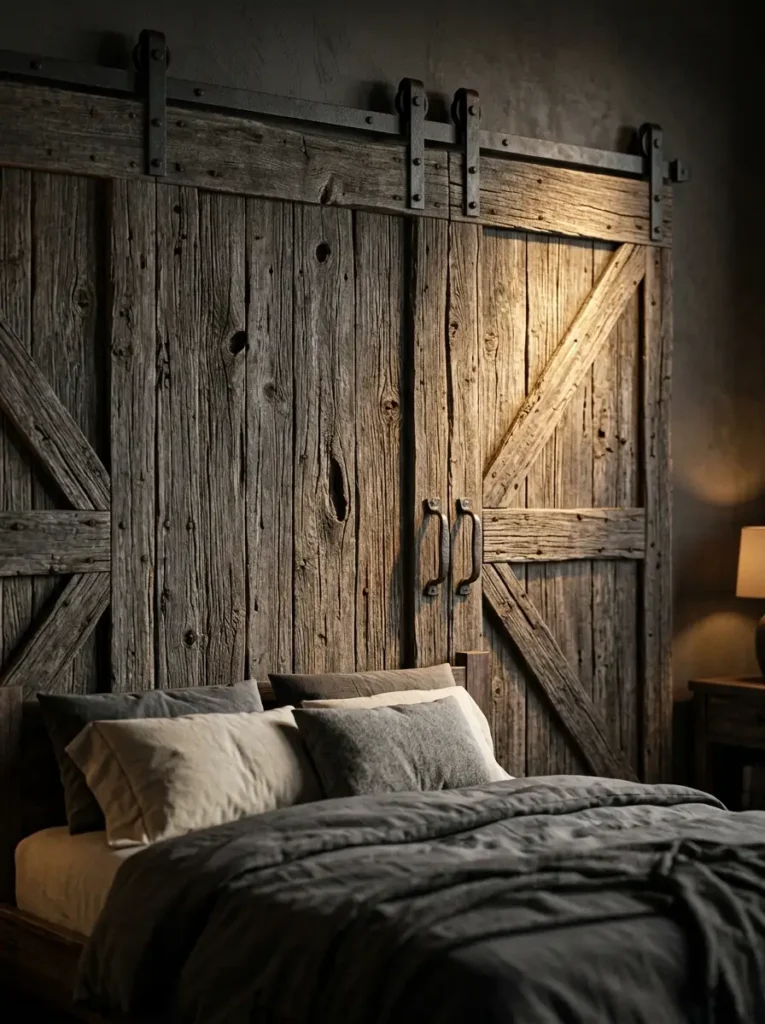 Reclaimed Wood Headboard Heavy weathered wood barn doors installed as a bedroom headboard with soft gray bedding.