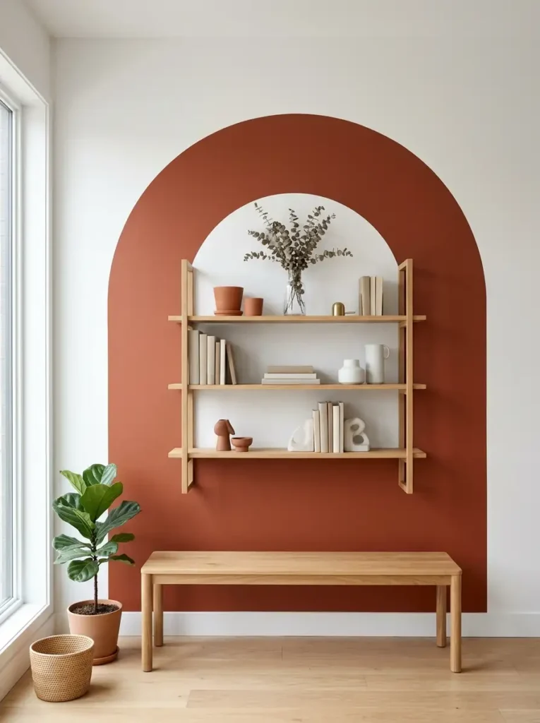 Terracotta Painted Arch Wall Decor Solid terracotta painted arch on a white wall featuring wooden floating shelves and minimal ceramics