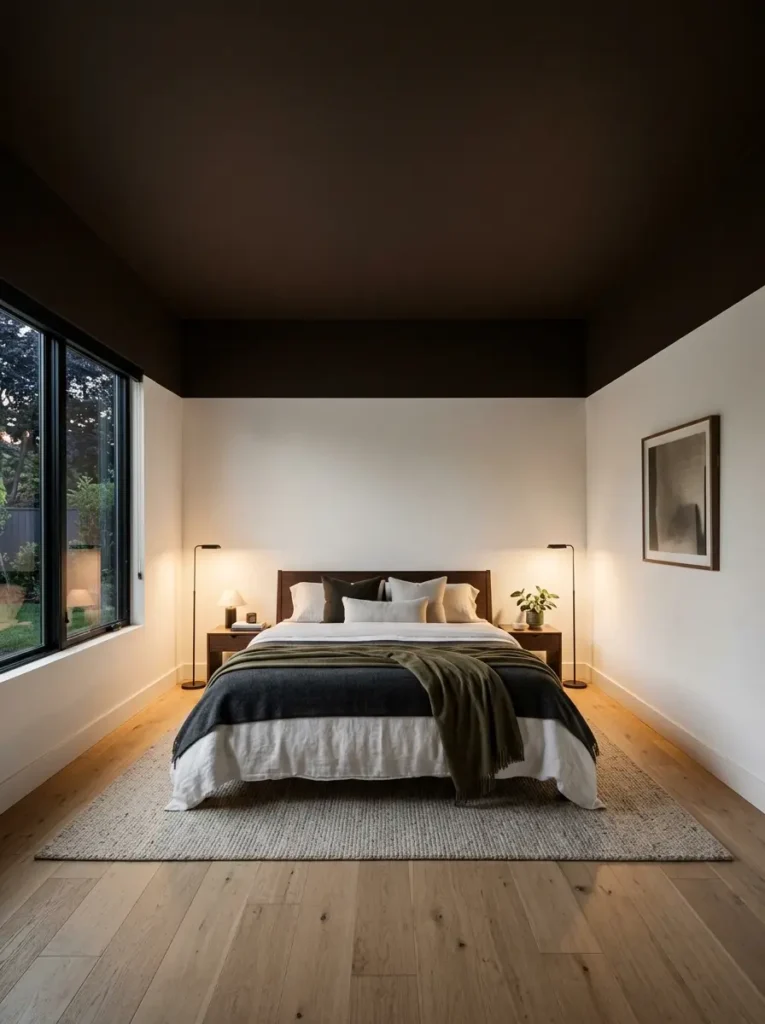 Deep espresso brown painted ceiling and upper walls contrasting with lower white walls in a bedroom.