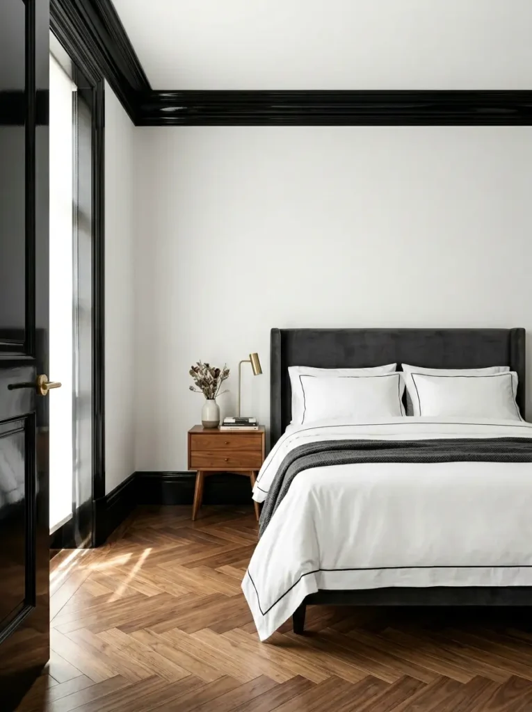 White bedroom walls contrasting with glossy black door frames and trim