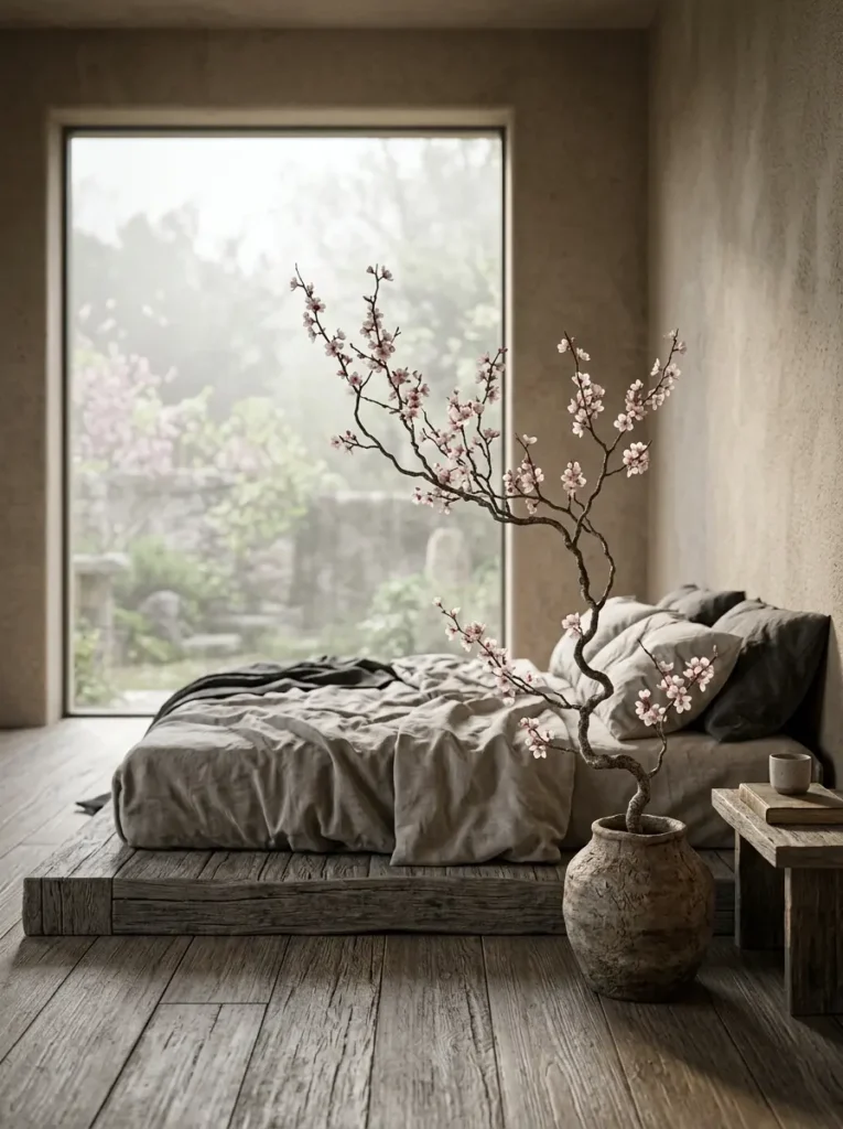 Low wooden floor bed with rumpled grey linens next to a tall clay pot holding pink cherry blossoms in a warm rustic bedroom