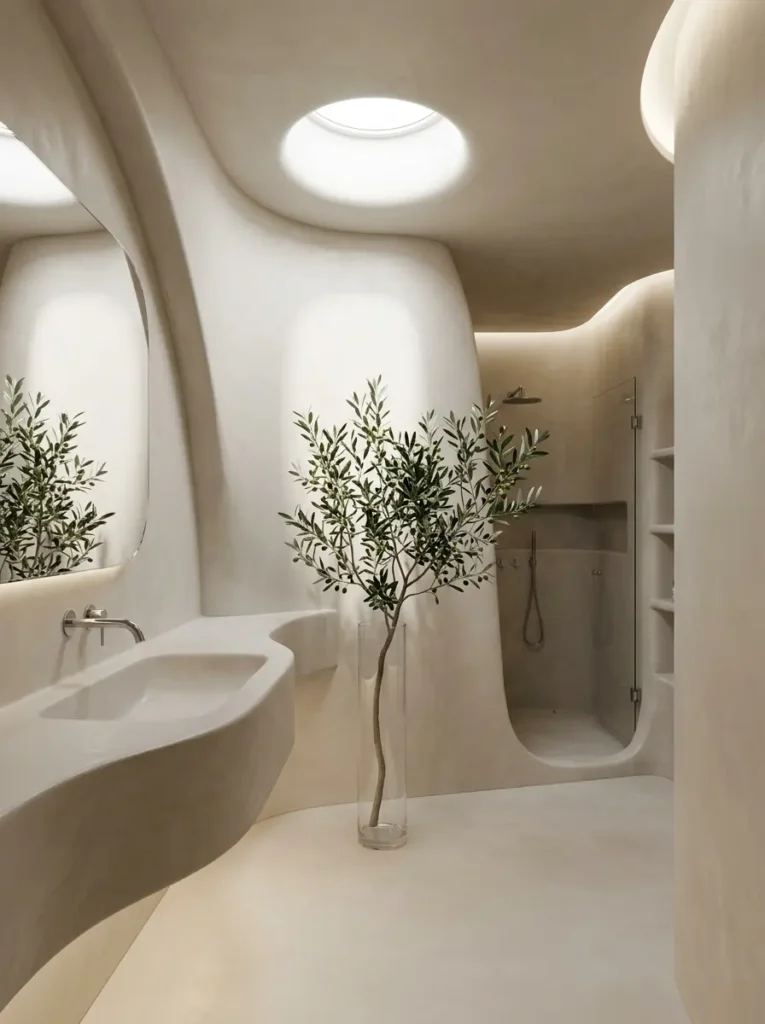 Curved beige plaster walls in a minimalist bathroom with olive branches in a vase.