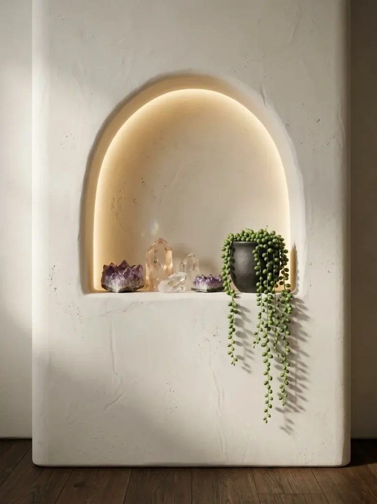 Recessed arched wall niche with warm backlighting displaying purple crystals and vines.