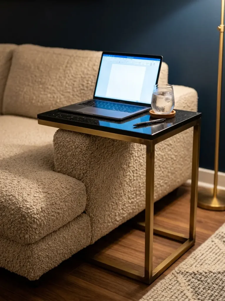 Brass and black granite C shaped side table holding a laptop over a beige sofa.