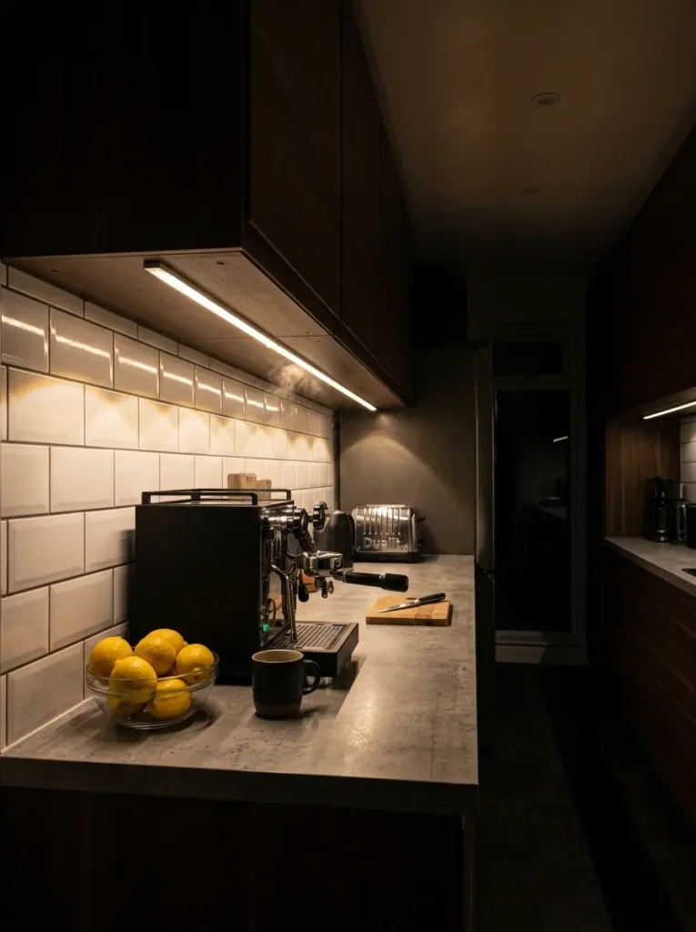 Slim LED light strips shining down on a dark kitchen counter and espresso machine