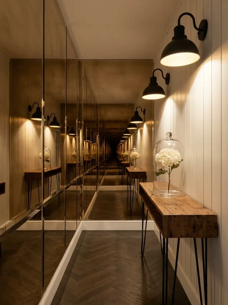 Narrow hallway with floor to ceiling mirrors on one side and a slim wooden console table.