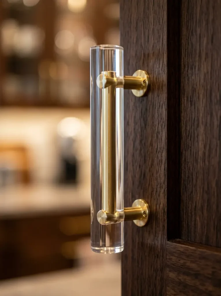 Thick clear acrylic handles installed on dark wood kitchen cabinets