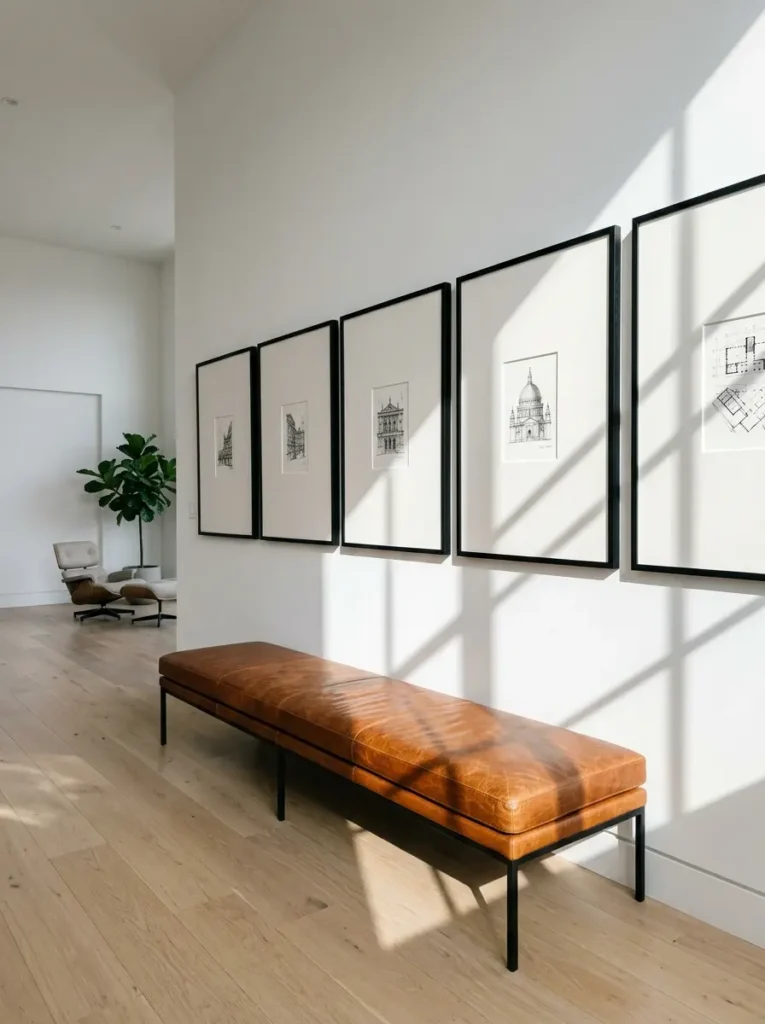 Leather Bench And Gallery Wall Brown leather bench sitting below five black framed architectural drawings on a white wall.