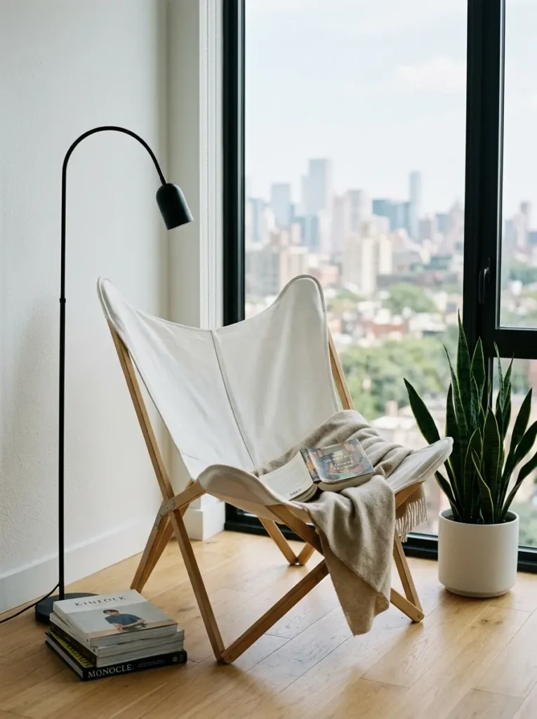 Classic white butterfly chair near a city view window.