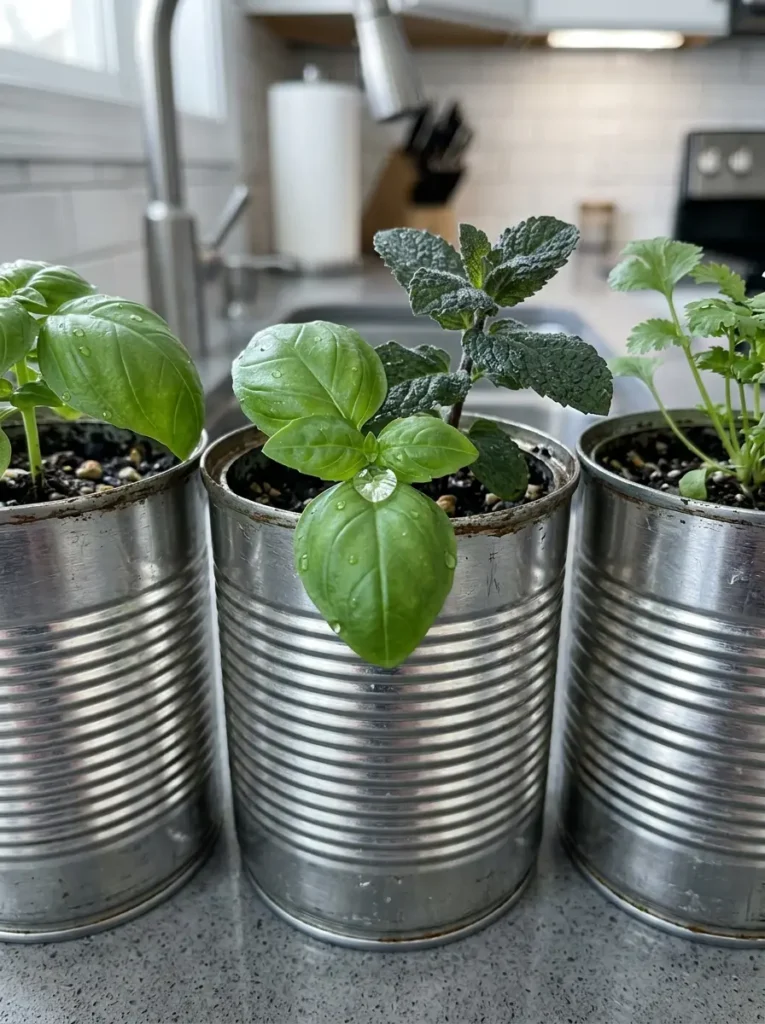 Recycled silver tin cans used as planters for fresh basil and mint on a kitchen counter