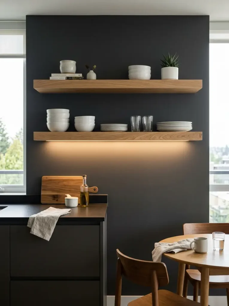 Illuminated Floating Wood Kitchen Shelves Thick floating oak wood shelves mounted on a dark wall with under shelf LED strip lighting.