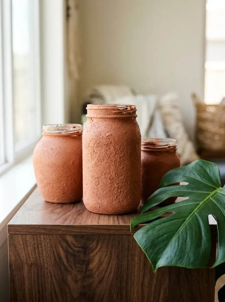Faux Terracotta Painted Jars | StylishGalore Three glass jars painted with textured matte terracotta paint next to a green monstera leaf