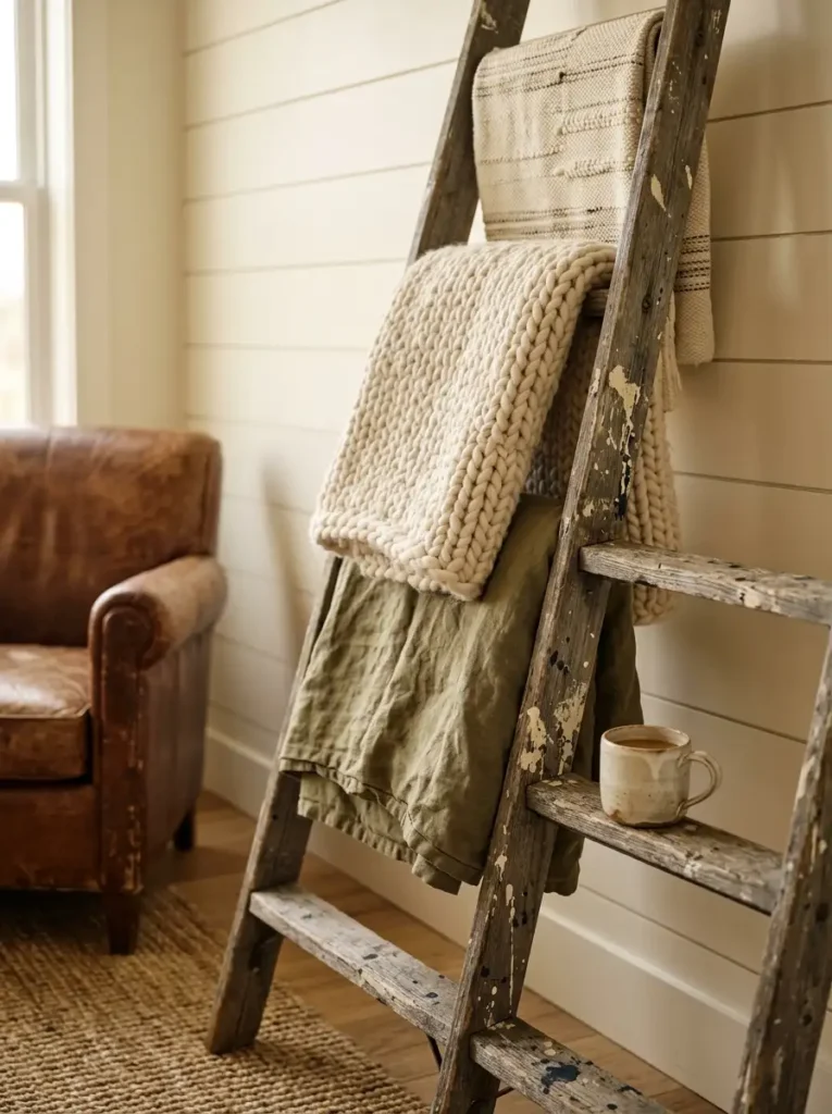 Weathered Wooden Orchard Ladder Blanket Storage Old weathered wooden orchard ladder leaning against a shiplap wall holding thick knit throw blankets