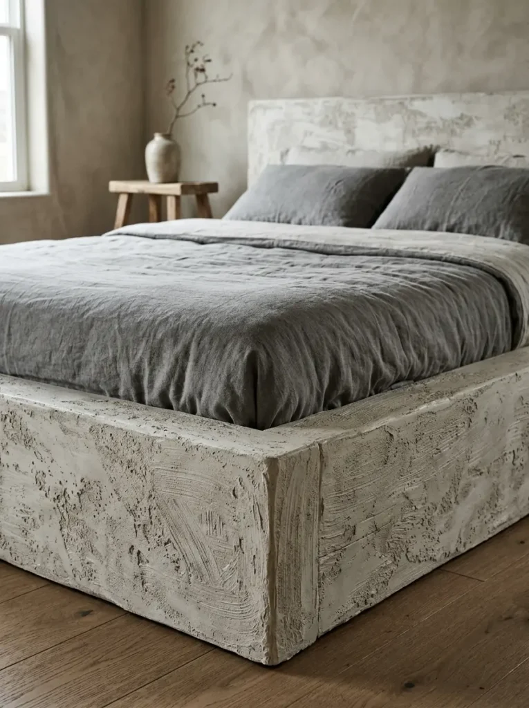 Platform bed frame coated in thick chalky mineral paint to look like carved greige stone.