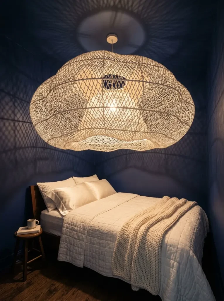 Massive woven cloud shaped light fixture hanging over a bed in a dark blue room