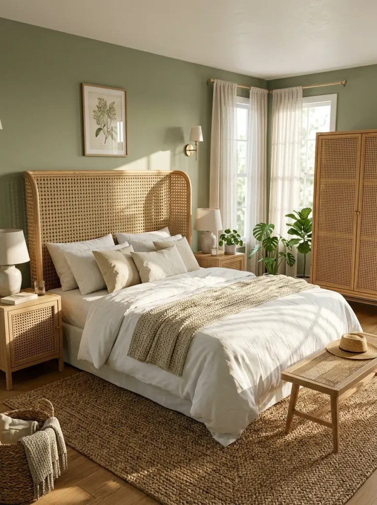 Light wooden bed frame with intricate woven cane panels sage green walls and a matching tall cane wardrobe cabinet