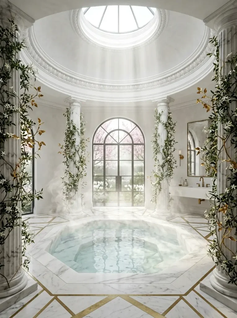 A sunken octagonal marble pool surrounded by columns with climbing jasmine vines.