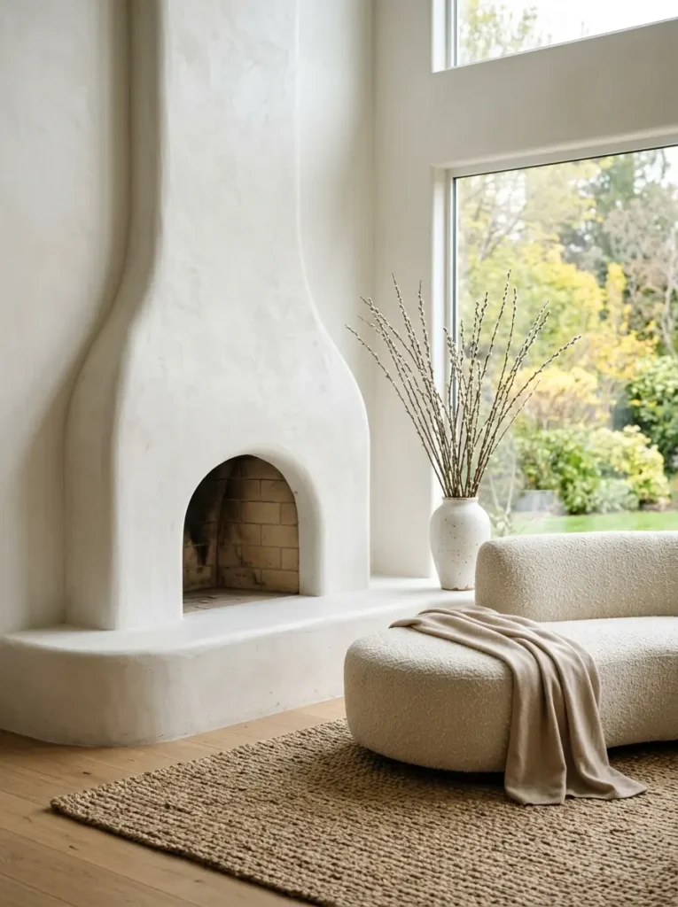 Large sculptural white plaster fireplace in a bright room with a boucle sofa.