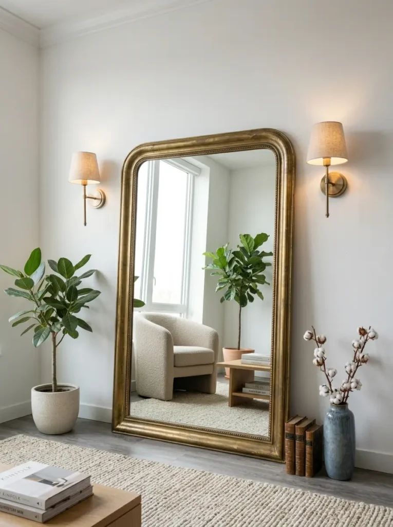 Massive brass framed mirror leaning against a bedroom wall next to a tall plant