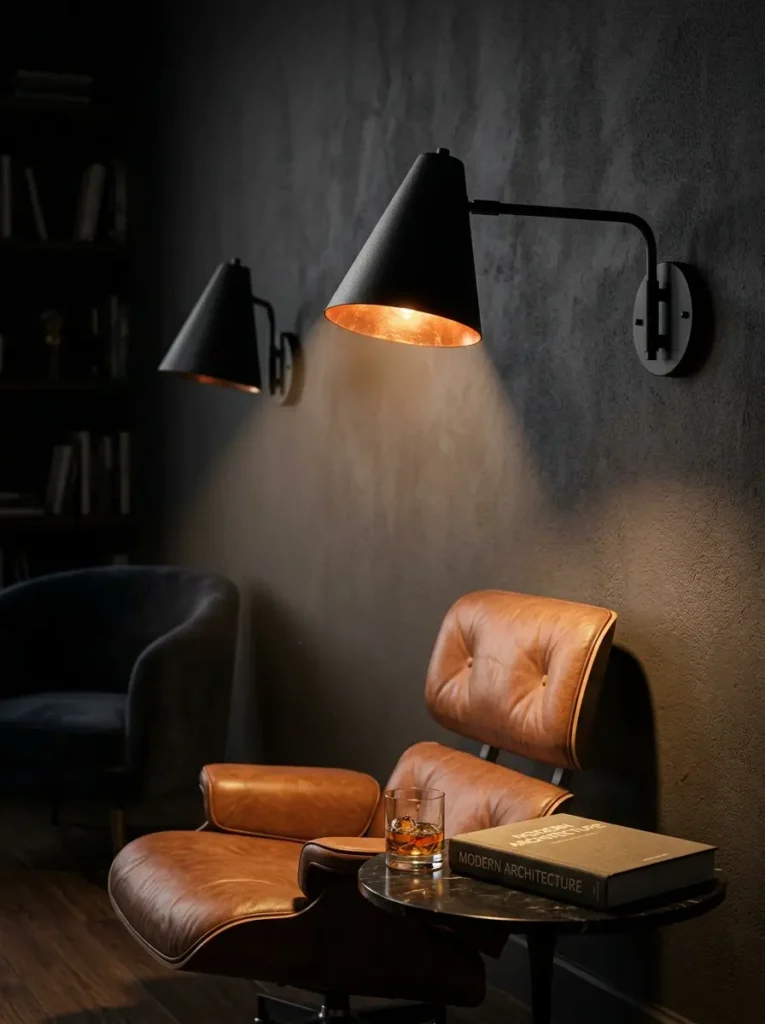 Matte black swing arm sconce illuminates a brown leather armchair