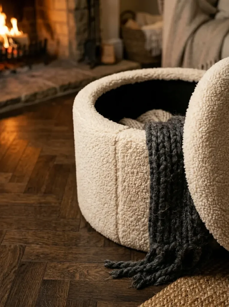 Cream fuzzy round ottoman with the lid shifted to show chunky gray blankets stored inside.